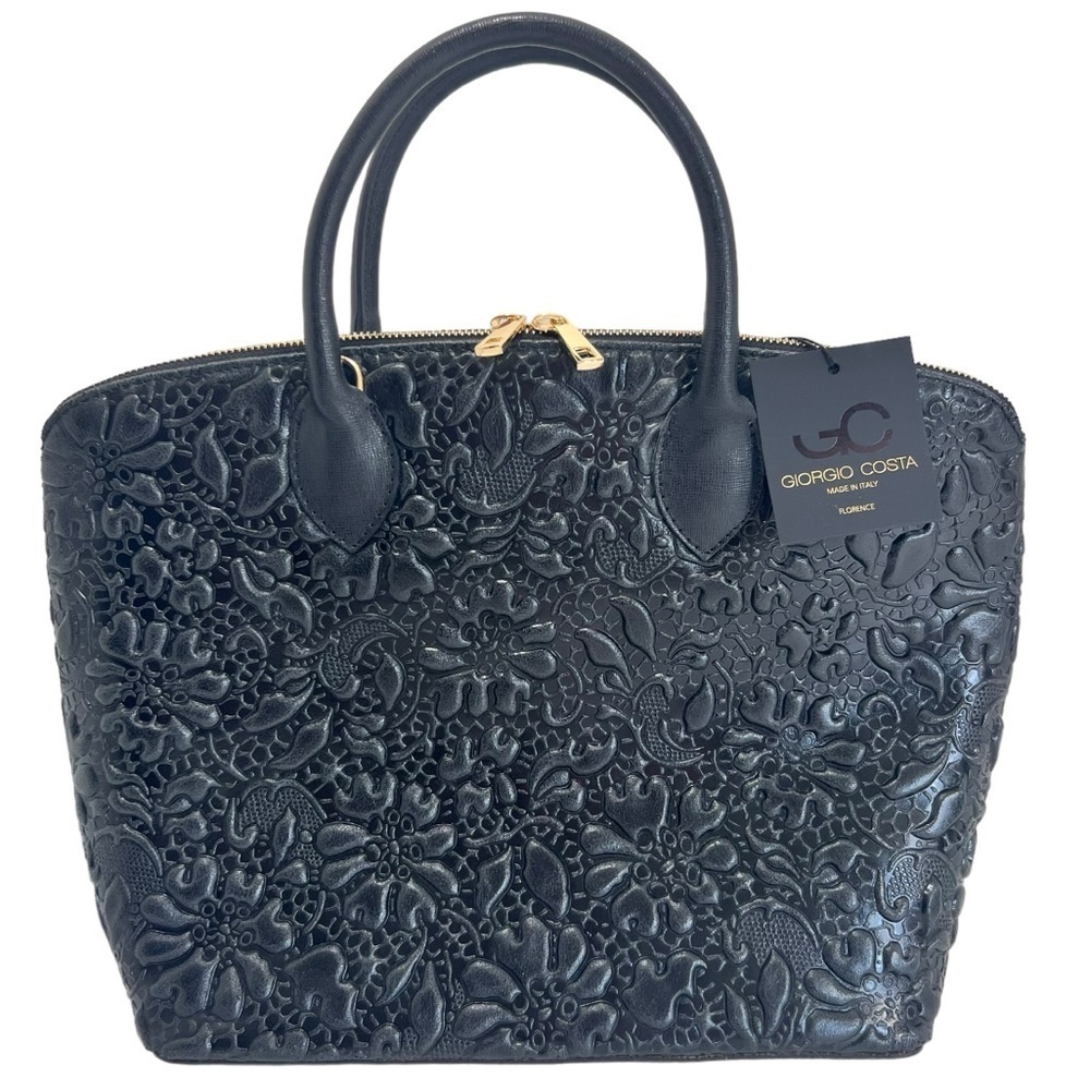 Giorgio Costa Black Floral Embossed Leather Top Zip Satchel